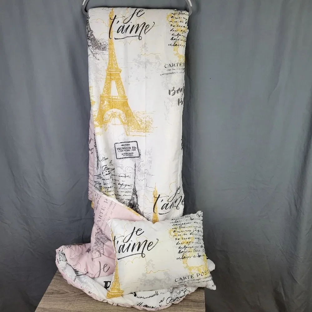 Twin Size Paris‎ Theme Reversible Blanket and Pillow Set
